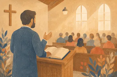 Pastor Gesturing Beside Open Bible Sermon