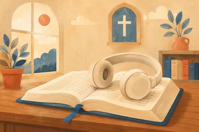 Open Bible with Headphones for Sermon Study