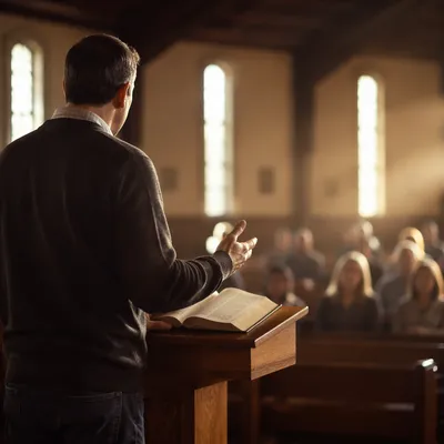 Pastor Preaching with Open Bible at Lectern
