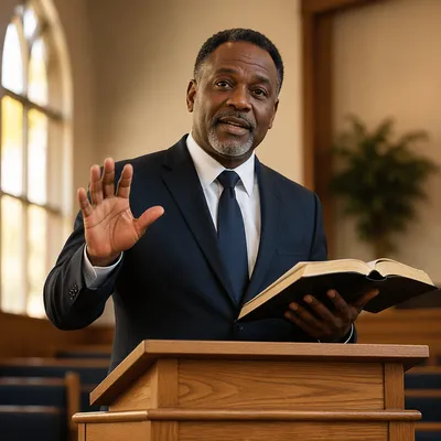 Pastor Holding Open Bible at Pulpit