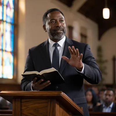 Black Pastor Preaching at Wooden Lectern