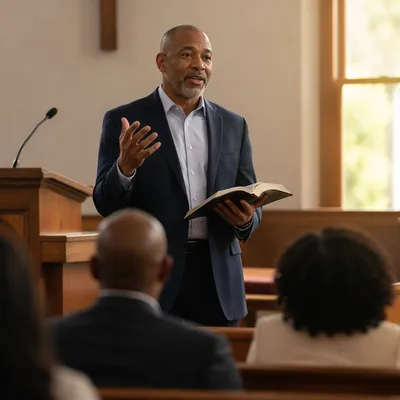 Pastor Preaching with Open Bible