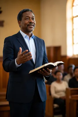Pastor Holding Open Bible in Sanctuary