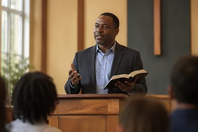Pastor Speaking Behind Wooden Lectern