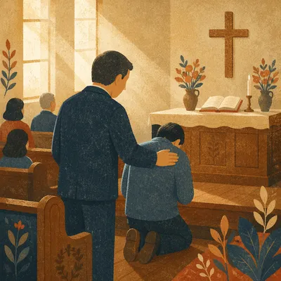 Pastor Praying with Church Member at Altar