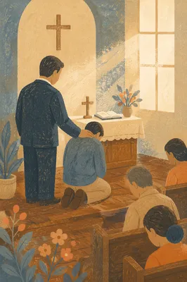 Pastor Praying with Church Member at Altar