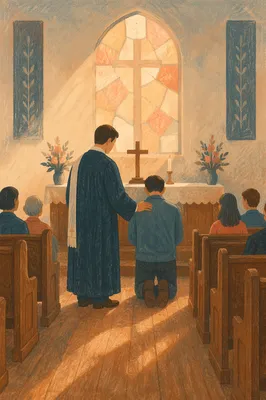 Pastor Praying with Church Member at Altar