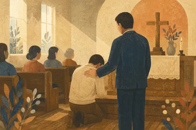 Pastor Praying with Church Member at Altar