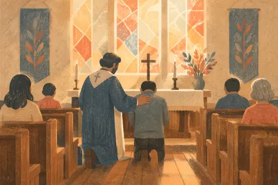 Pastor Praying with Church Member at Altar