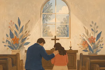 Pastor and Church Member Praying at Altar