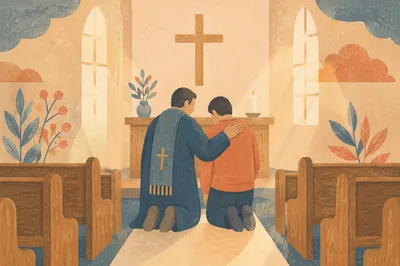 Pastor and Church Member Praying at Altar