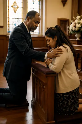 Pastor Praying with Church Member at Altar