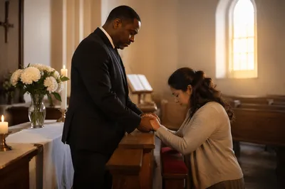 Pastor Praying with Woman at Altar