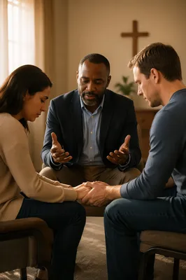 Pastor Praying with Couple in Meeting Room