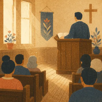 Pastor Preaching in a Humble Chapel