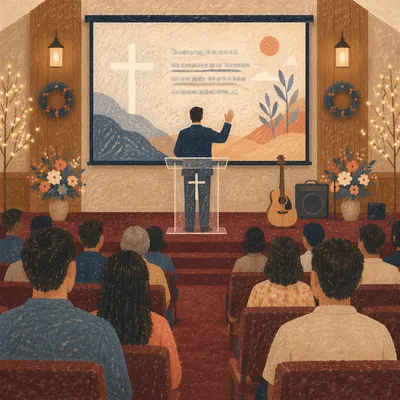 Pastor Preaching in Warm Church Sanctuary