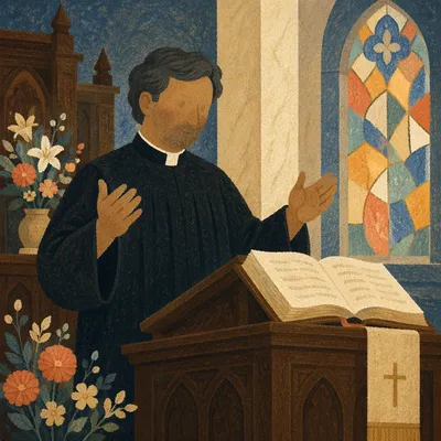 Pastor Preaching Beside Warm Church Lectern