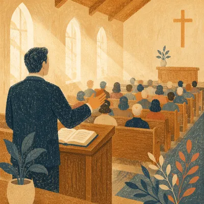 Pastor Preaching to Congregation in Warm Sanctuary