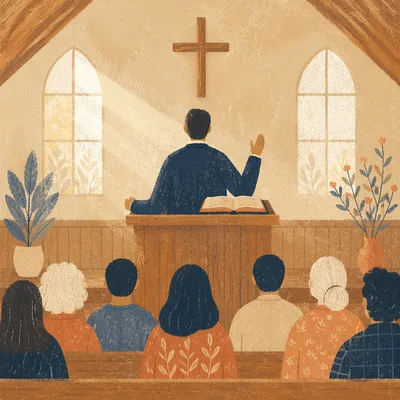 Pastor Preaching at Warm Wooden Pulpit