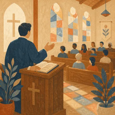 Pastor Preaching from Wooden Pulpit