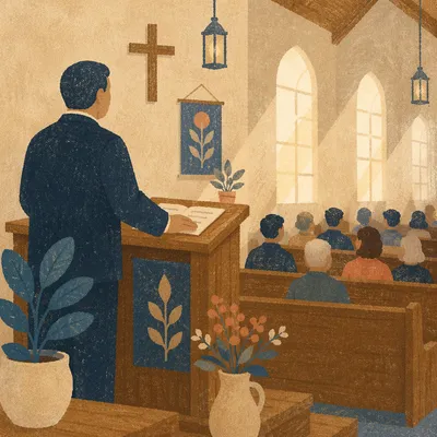 Pastor Preaching in Modest Church Sanctuary