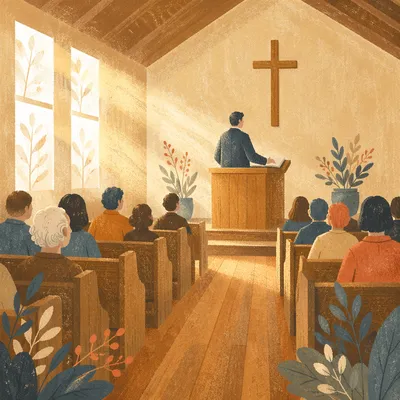 Pastor Preaching in Warm Wooden Chapel