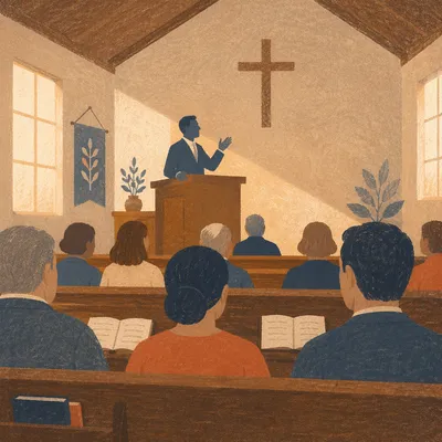 Pastor Preaching in a Modest Chapel