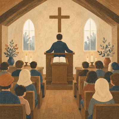 Pastor Preaching in Rainy Wooden Chapel