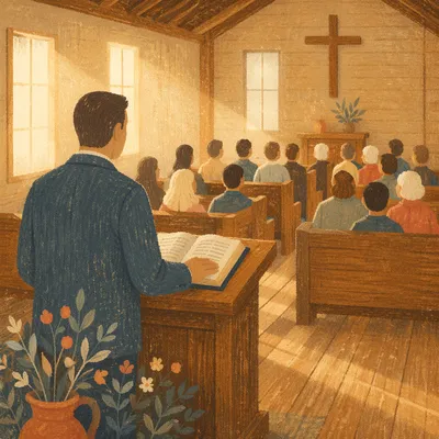 Pastor Preaching in Warm Wooden Chapel