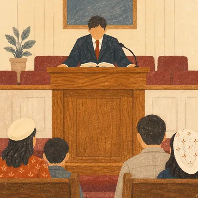 Pastor Preaching Behind Warm Wooden Pulpit