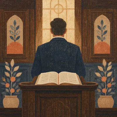 Pastor Preaching at Wooden Church Pulpit
