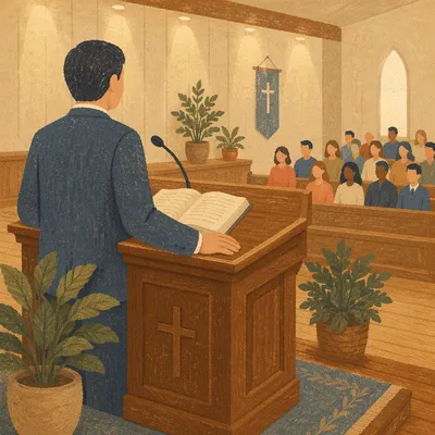 Pastor Preaching at Warm Wooden Pulpit