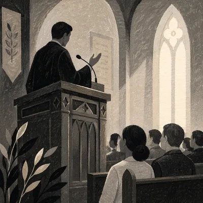 Pastor Preaching at Ornate Wooden Pulpit