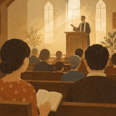 Pastor Preaching in Warm Wooden Chapel