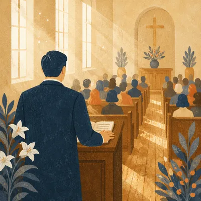 Pastor Preaching in Warm Wooden Chapel