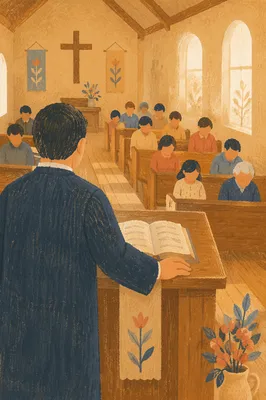Pastor Preaching in a Modest Chapel