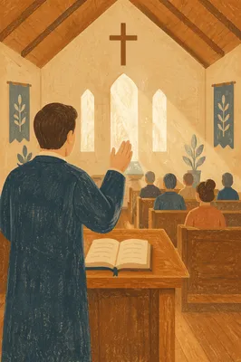 Pastor Preaching From Wooden Chapel Pulpit