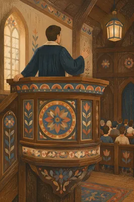 Pastor Preaching at Folk Carved Pulpit