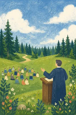 Outdoor Pastor Preaching in Green Meadow