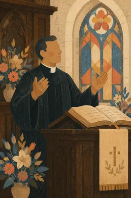 Pastor Preaching Beside Warmly Lit Pulpit