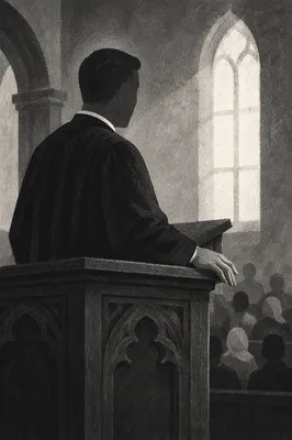 Pastor Preaching at Wooden Church Pulpit