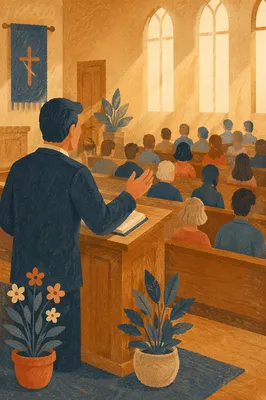 Pastor Preaching in Warm Church Sanctuary