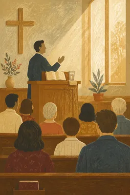 Pastor Preaching in Warm Church Sanctuary