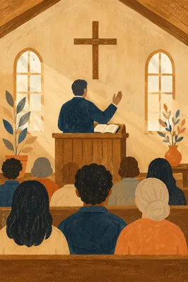 Pastor Preaching at Wooden Church Pulpit