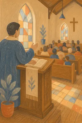 Pastor Preaching from Wooden Church Pulpit