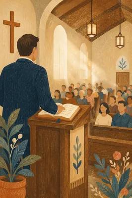 Pastor Preaching at Wooden Chapel Pulpit