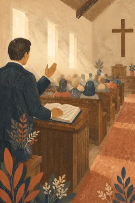 Pastor Preaching in a Modest Chapel