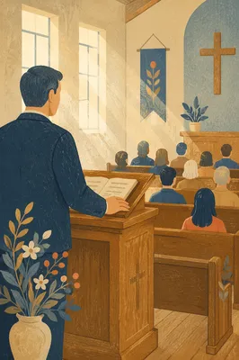 Pastor Preaching at Simple Wooden Pulpit