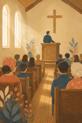 Pastor Preaching in Warm Wooden Chapel