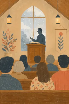 Pastor Preaching in Rainy Chapel Light